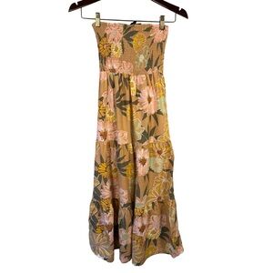 Roxy Strapless Floral Dress in Pink and Tan Size XS Boho Festival Cottagecore